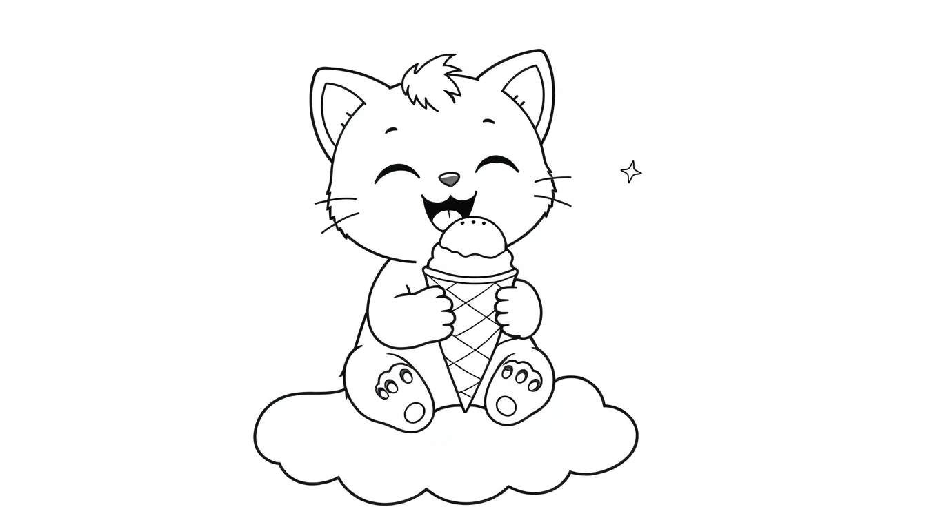 Placa de colorear: gatito sonriente comiendo un helado en una nube.
