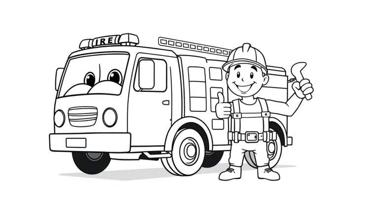 Placa de colorear: un camión de bomberos sonriente con la palabra 'FIRE' y un trabajador de la construcción con casco dando pulgar hacia arriba con una llave inglesa.