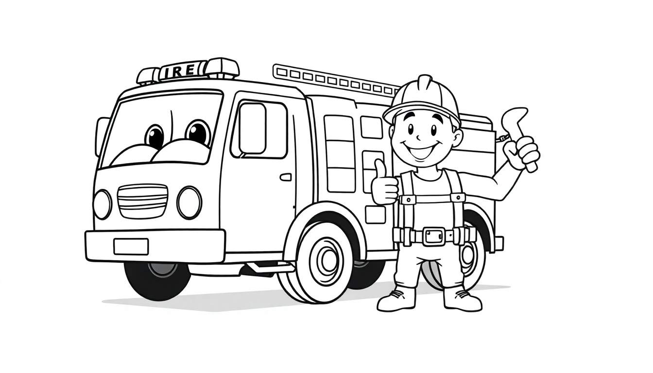 Placa de colorear: un camión de bomberos sonriente con la palabra 'FIRE' y un trabajador de la construcción con casco dando pulgar hacia arriba con una llave inglesa.