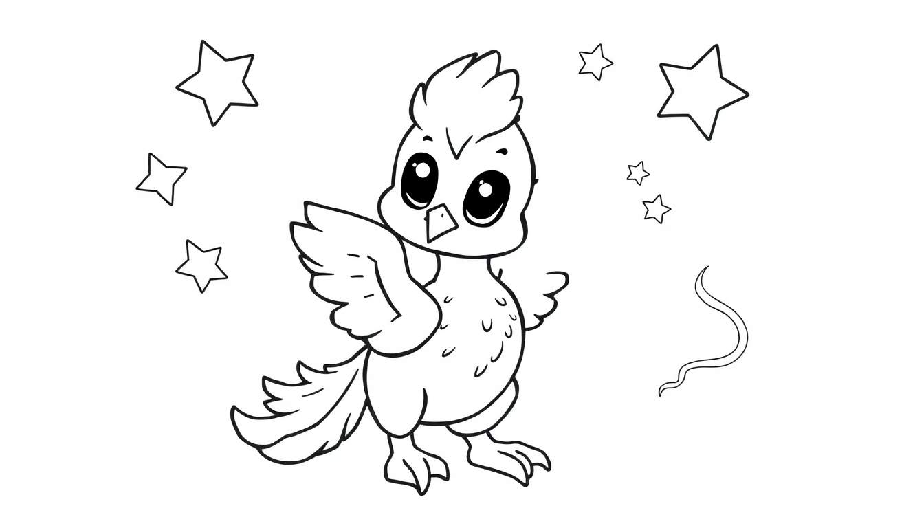 Placa de colorear de un pollito de dibujos animados rodeado de estrellas y un garabato.