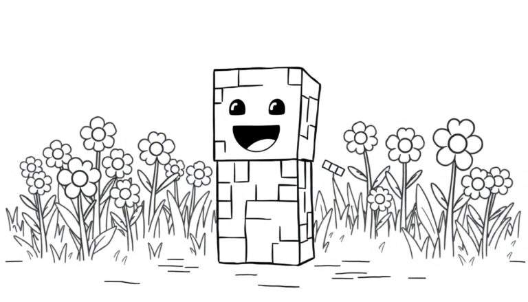 Un Creeper de Minecraft sonriente rodeado de flores, listo para ser coloreado en una placa.