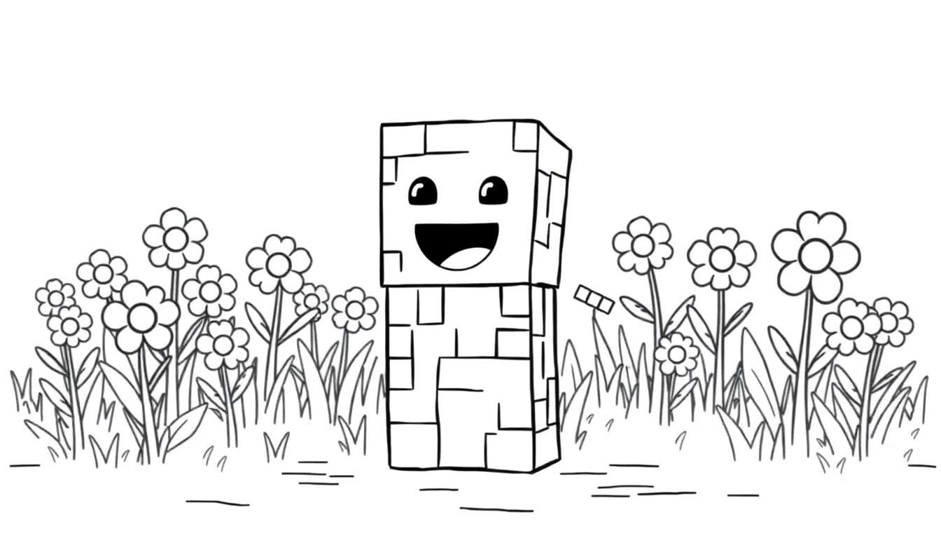 Un Creeper de Minecraft sonriente rodeado de flores, listo para ser coloreado en una placa.