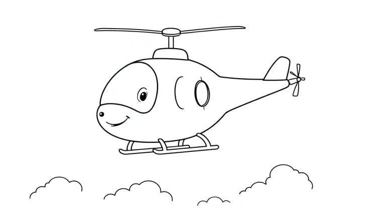 Un helicóptero de dibujo animado amigable con una gran sonrisa y ojos grandes, volando sobre nubes esponjosas, listo para ser coloreado en esta placa.