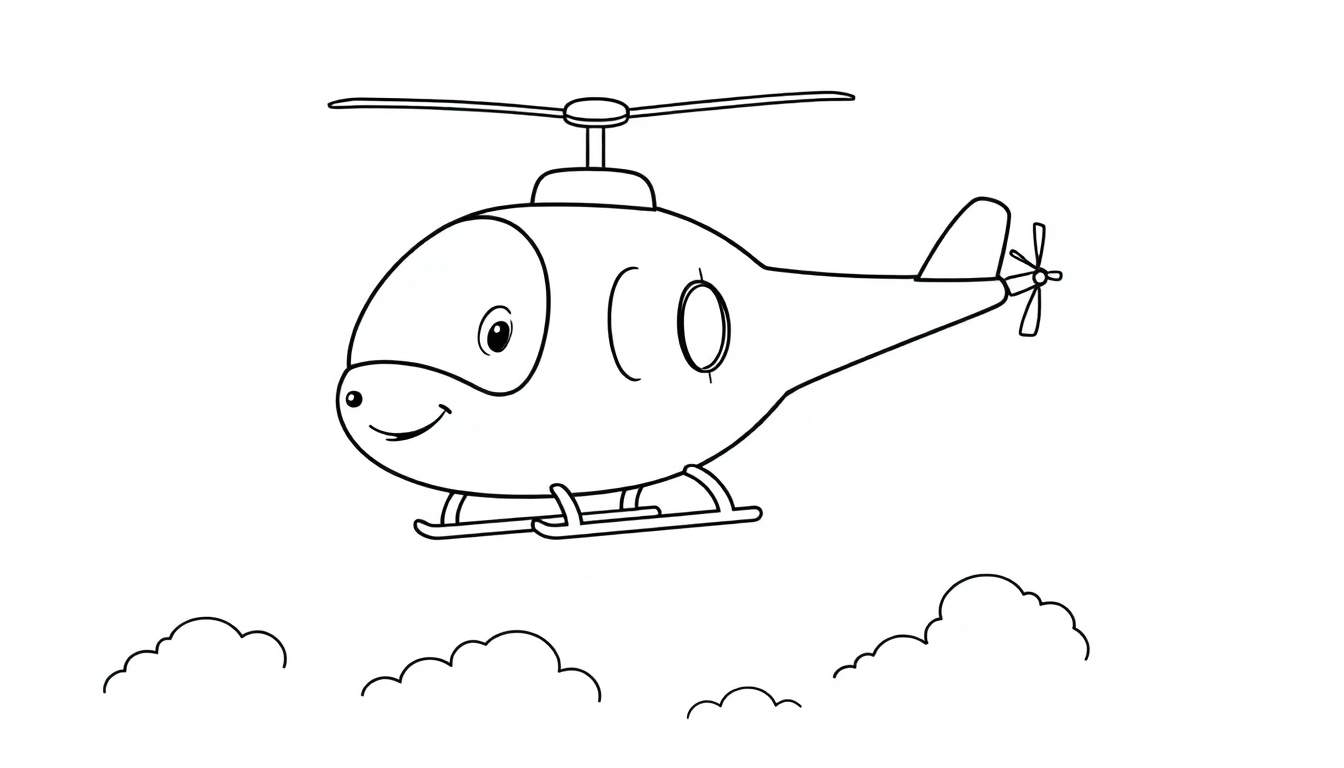 Un helicóptero de dibujo animado amigable con una gran sonrisa y ojos grandes, volando sobre nubes esponjosas, listo para ser coloreado en esta placa.