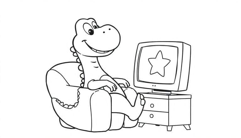 Un dinosaurio de dibujos animados sentado en una silla mirando un ordenador, listo para colorear en esta placa.