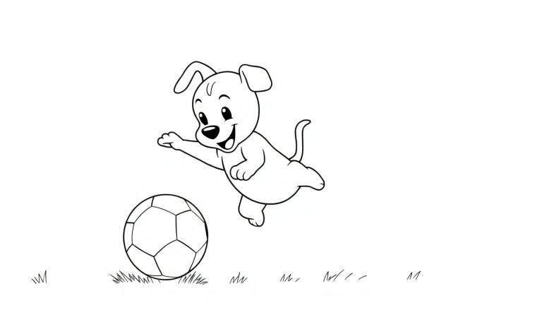 Un dibujo lineal de un perro de dibujos animados feliz saltando hacia un balón de fútbol en un campo de hierba, listo para ser coloreado en una placa.