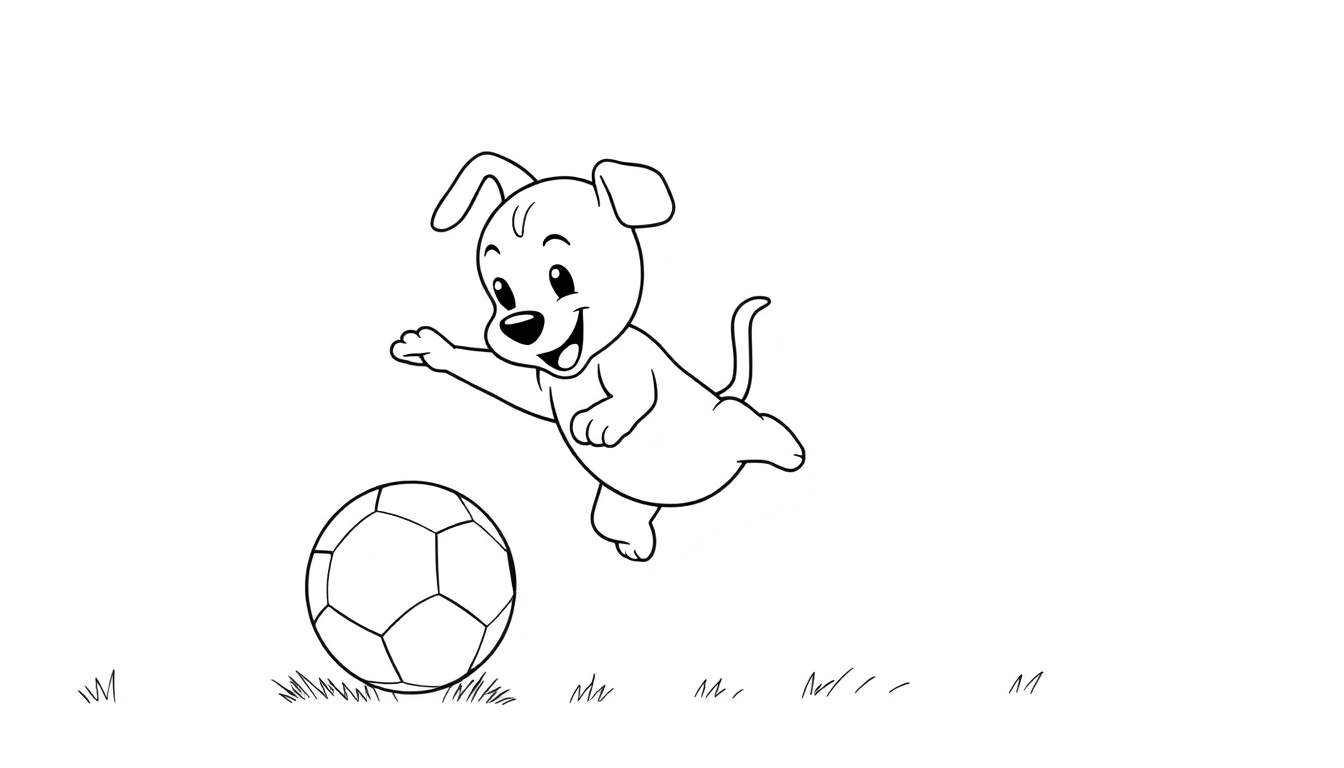Un dibujo lineal de un perro de dibujos animados feliz saltando hacia un balón de fútbol en un campo de hierba, listo para ser coloreado en una placa.