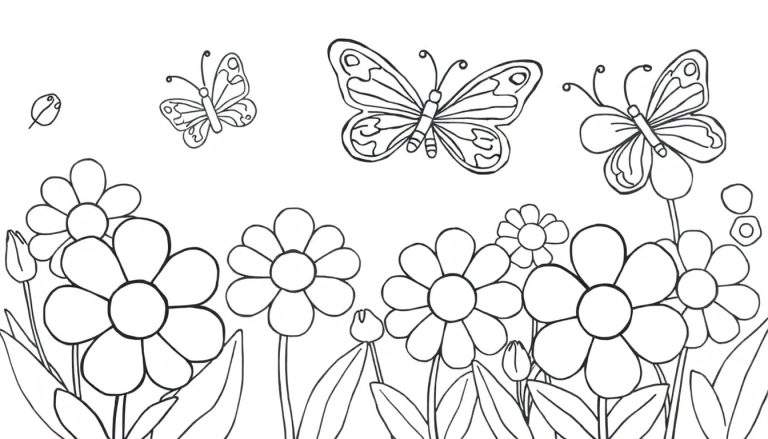 Placa de jardín para colorear con flores y mariposas.