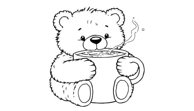 Osito de peluche abrazando una taza de chocolate caliente humeante, listo para colorear en esta placa.