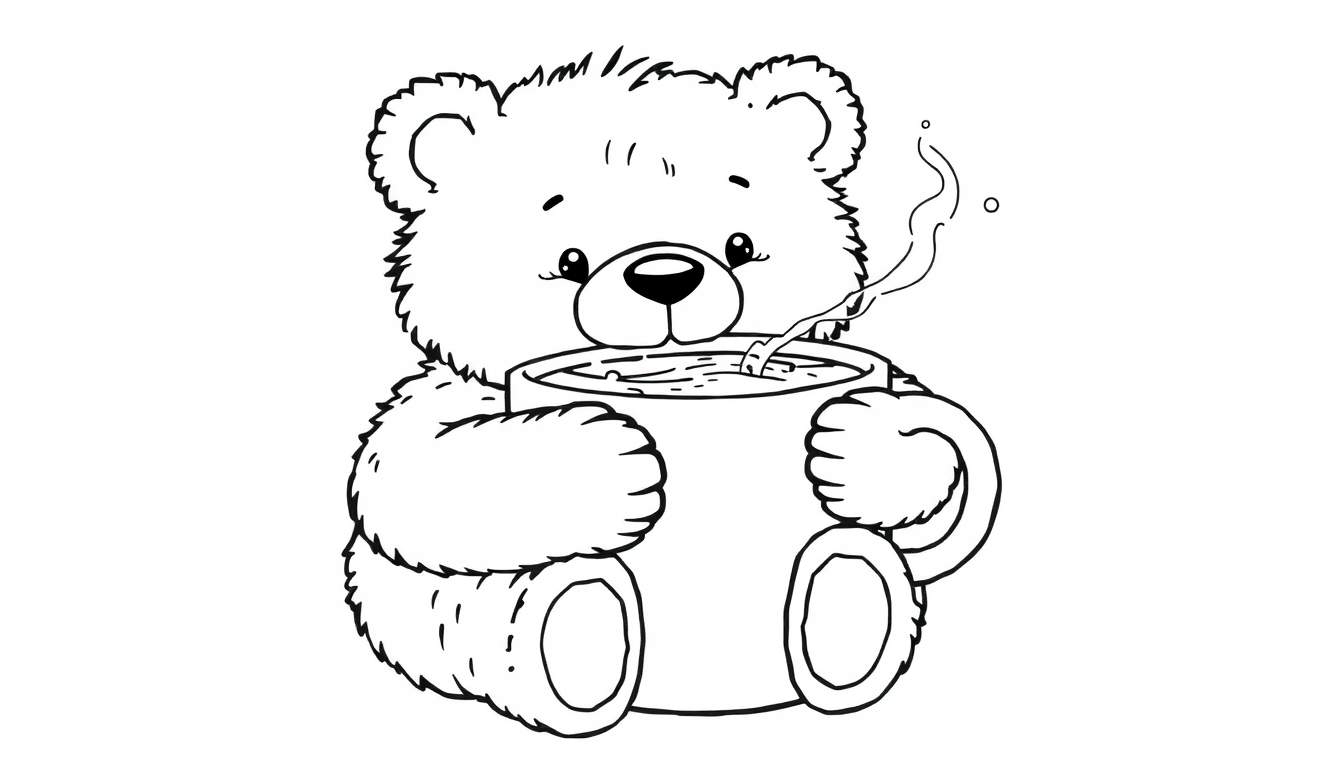 Osito de peluche abrazando una taza de chocolate caliente humeante, listo para colorear en esta placa.