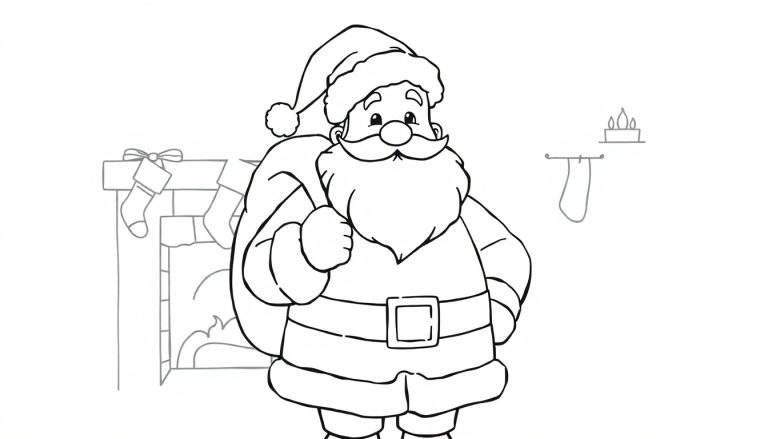 Papá Noel sonriendo en blanco y negro con un saco de regalos y una chimenea al fondo, listo para colorear en una placa.