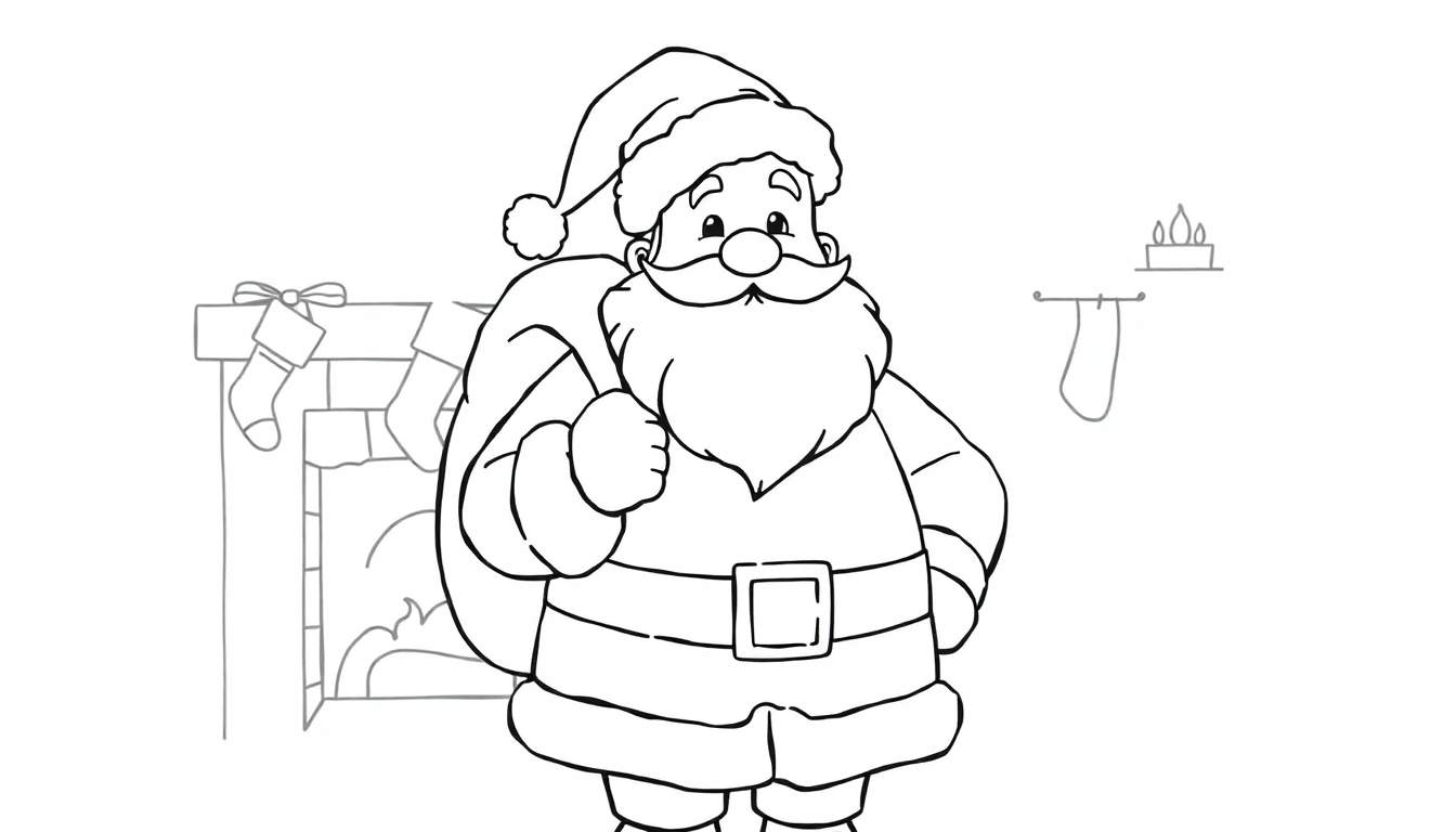 Papá Noel sonriendo en blanco y negro con un saco de regalos y una chimenea al fondo, listo para colorear en una placa.