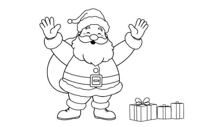 Papá Noel sonriente saludando con tres regalos al lado, listo para colorear en una placa.