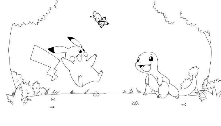 Pikachu y Charmander en una placa para colorear.