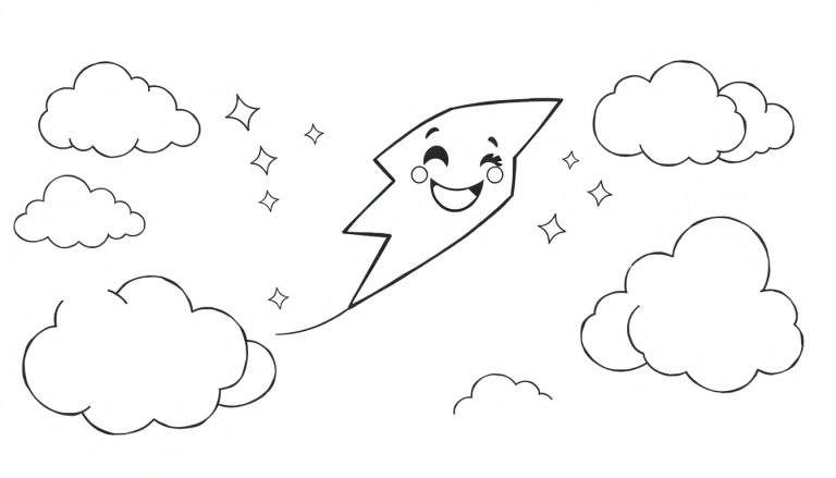 Un dibujo lineal de un rayo sonriente y con un ojo guiñando, rodeado de nubes y estrellas, listo para colorear la placa.