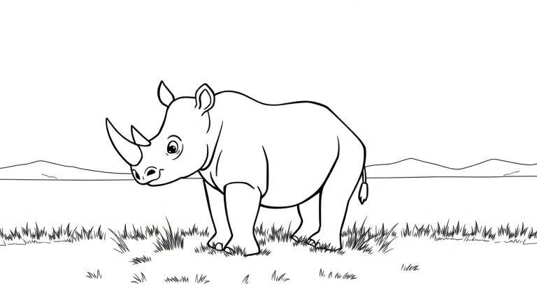 Un adorable rinoceronte bebé de dibujos animados esperando a ser coloreado en una placa.