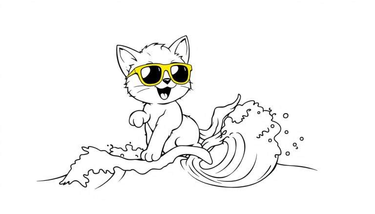 Un gatito de dibujos animados con gafas de sol amarillas haciendo surf en una ola en blanco y negro, listo para colorear.