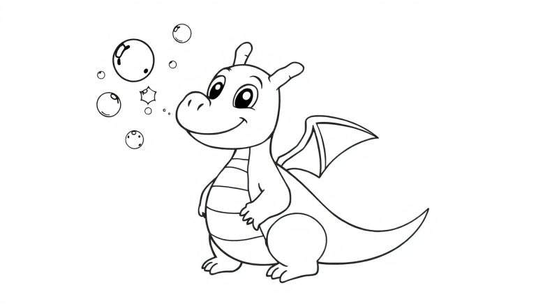 Una placa de color de un dragón de dibujos animados soplando burbujas.