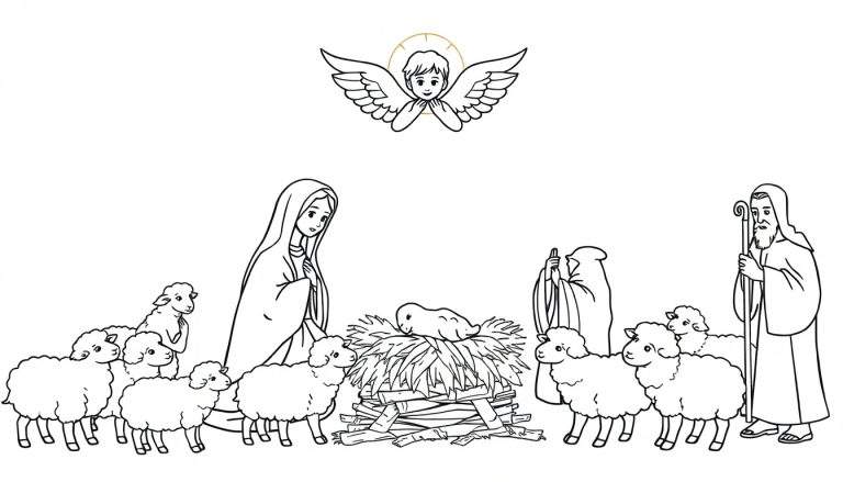Placa de color con el nacimiento, María, el bebé Jesús, pastores y ovejas, con un ángel flotando encima.