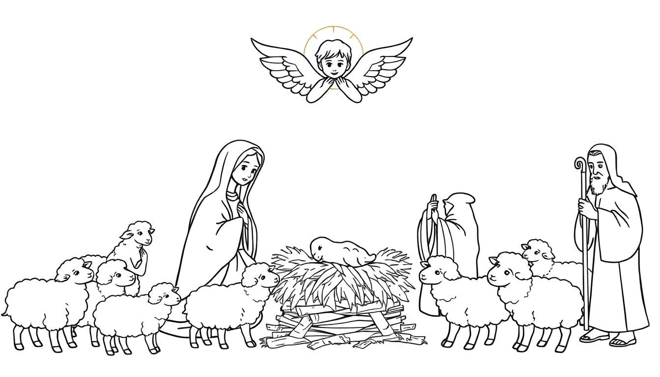 Placa de color con el nacimiento, María, el bebé Jesús, pastores y ovejas, con un ángel flotando encima.