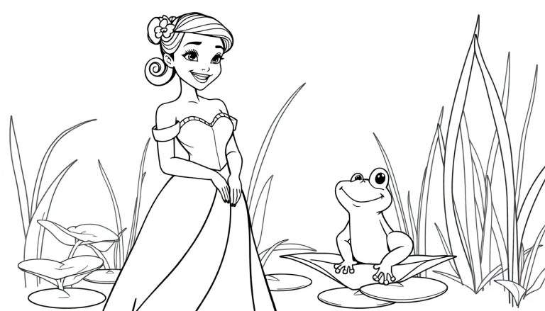 Placa de color: Tiana sonriente con un sapo en una hoja de nenúfar.
