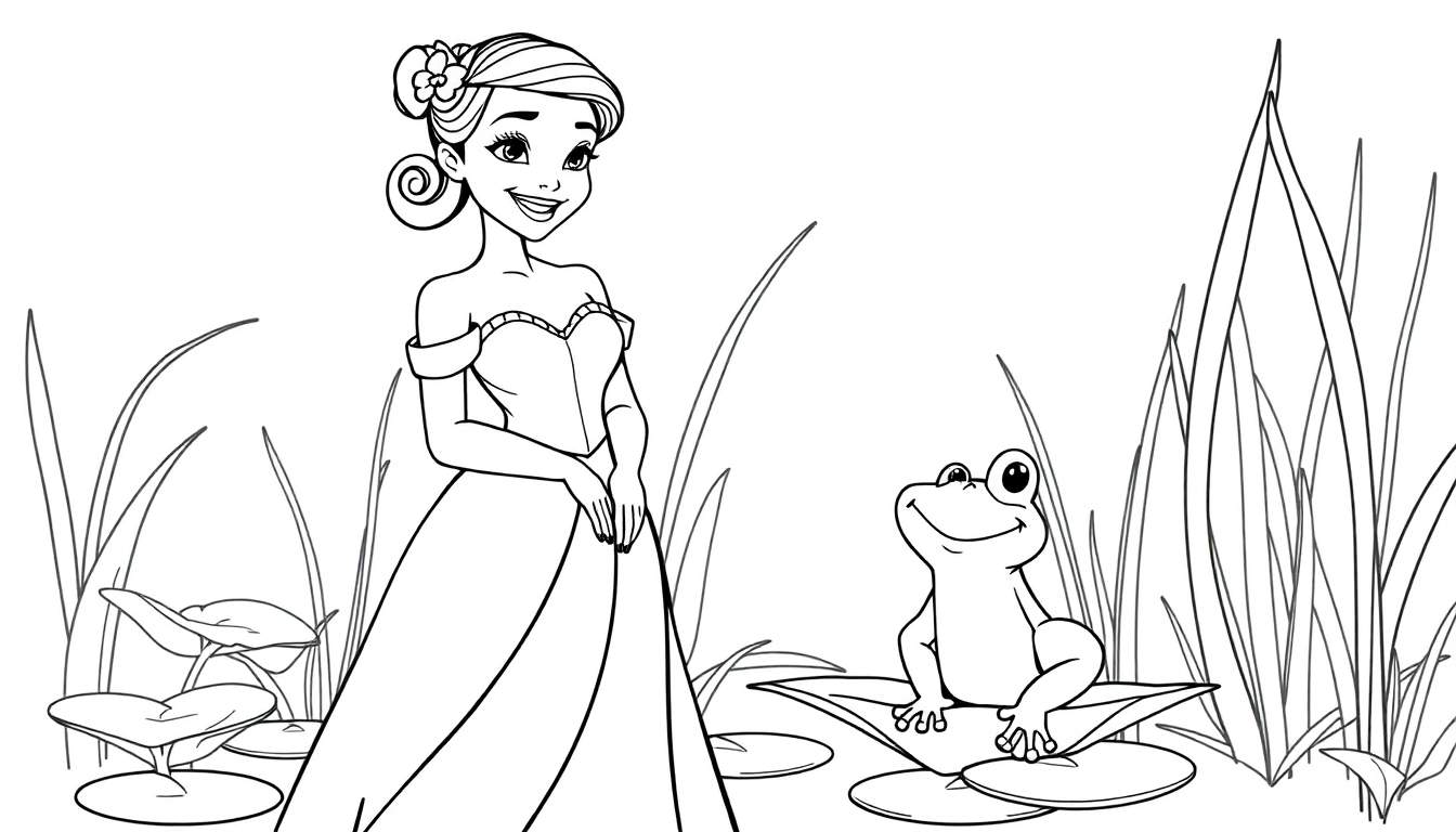 Placa de color: Tiana sonriente con un sapo en una hoja de nenúfar.