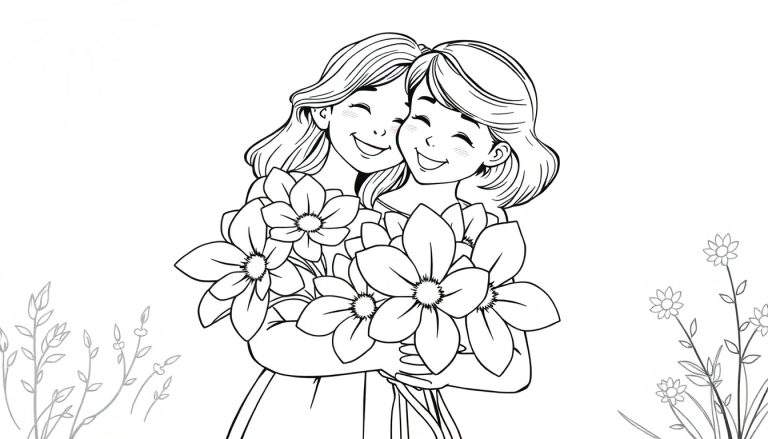 Placa de color de mamá y yo abrazándose con flores.