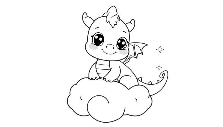 Un dibujo de un dragón de dibujos animados sentado en una nube, listo para colorear.