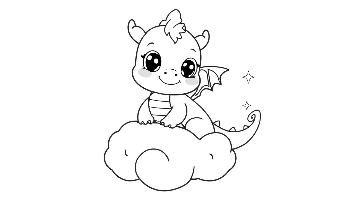 Un dibujo de un dragón de dibujos animados sentado en una nube, listo para colorear.