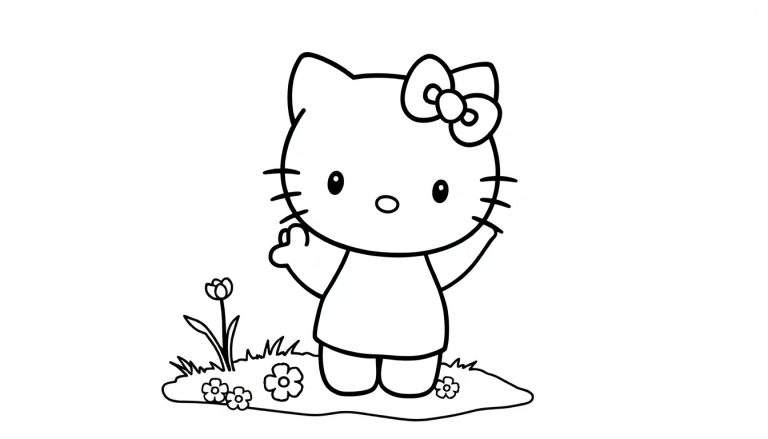 Una página para colorear en blanco y negro de Hello Kitty saludando con una sonrisa, con una flor.