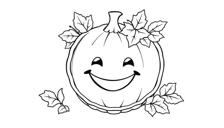 Placa de color: calabaza sonriente rodeada de hojas.