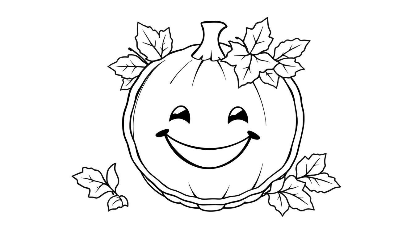 Placa de color: calabaza sonriente rodeada de hojas.