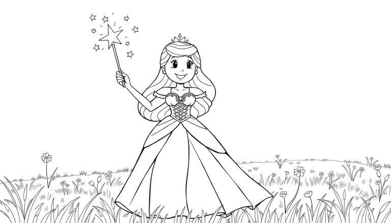Placa de color de una princesa sonriente con un vestido elegante y una varita mágica.