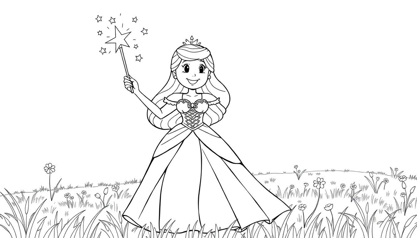 Placa de color de una princesa sonriente con un vestido elegante y una varita mágica.