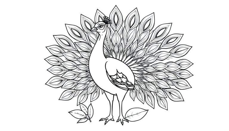 Un pavo real en blanco y negro para colorear, con su cola desplegada.