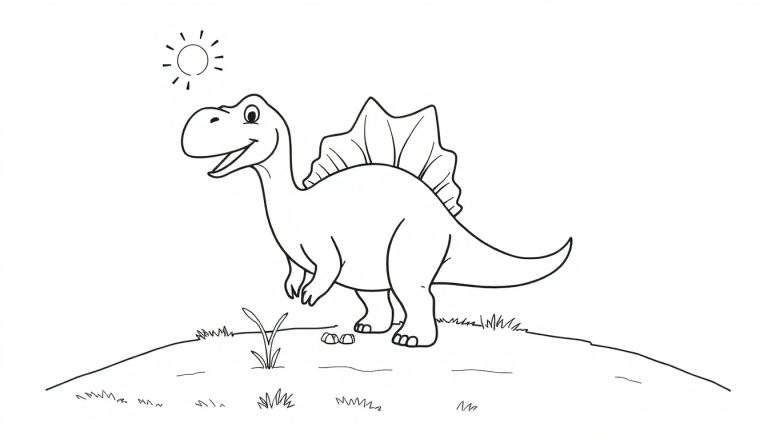 Un dibujo de un Spinosaurus de aspecto amigable con una gran vela en la espalda, sonriendo, en una colina con hierba y un sol pequeño en la esquina.