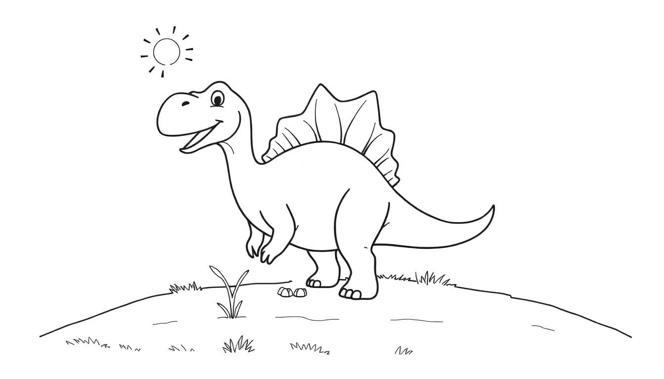 Un dibujo de un Spinosaurus de aspecto amigable con una gran vela en la espalda, sonriendo, en una colina con hierba y un sol pequeño en la esquina.