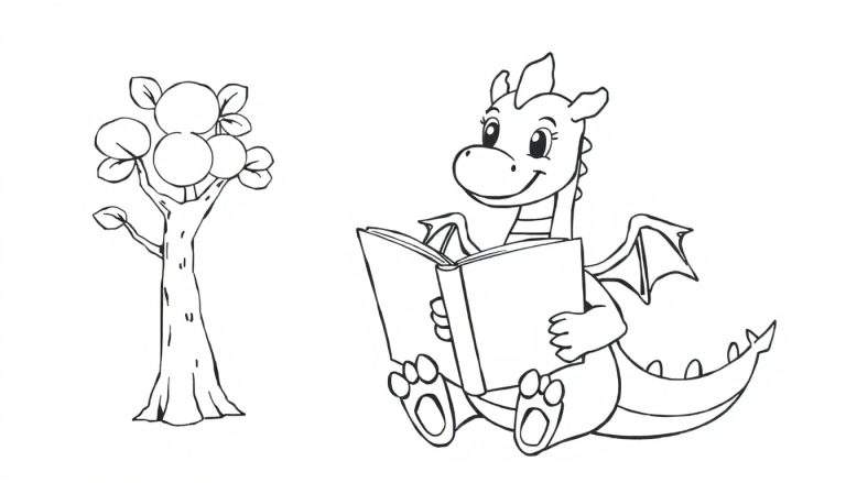 Placa de color: un dragón amigable leyendo un libro bajo un árbol mágico.