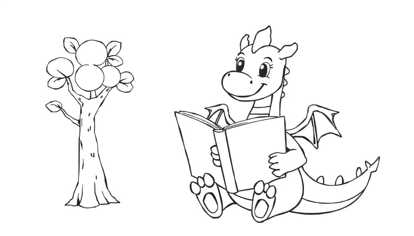 Placa de color: un dragón amigable leyendo un libro bajo un árbol mágico.