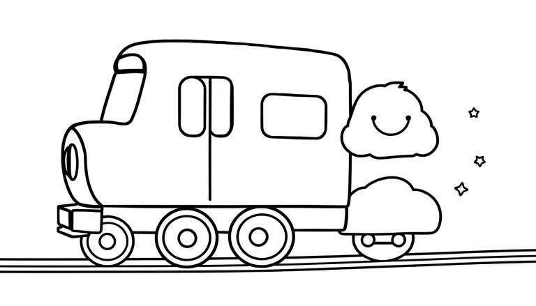 Un tren de dibujos animados con una cara sonriente en una placa de color.