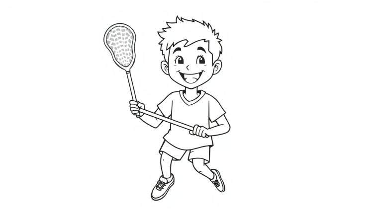 Placa de color de un niño sonriente jugando al lacrosse