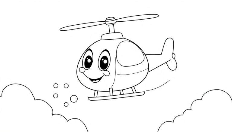 Placa de color: Un helicóptero sonriente volando entre nubes.