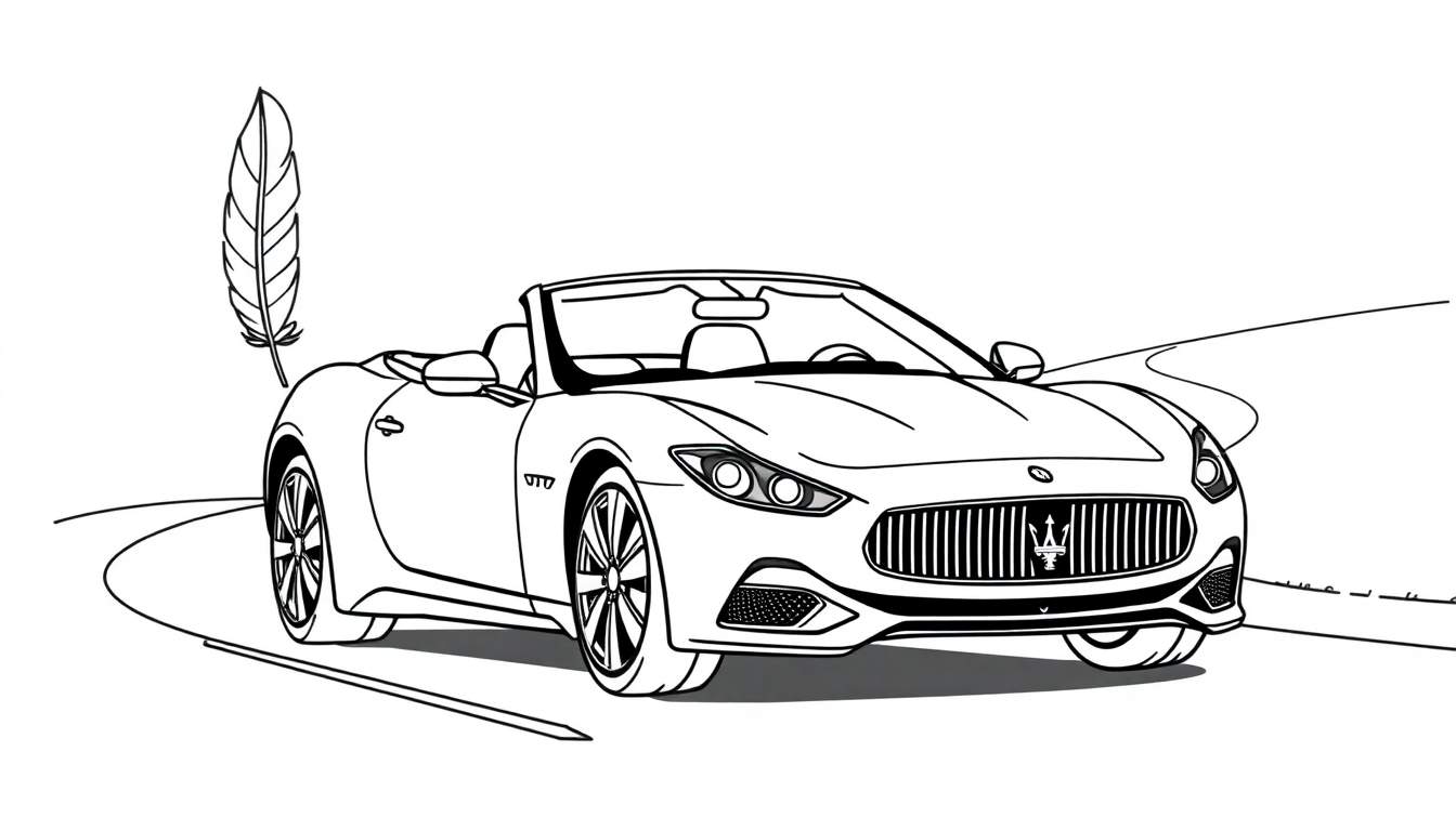 Un coche Maserati descapotable listo para colorear con una pluma detrás, sobre una carretera en blanco y negro.