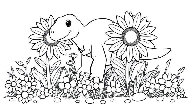 Placa de color de un tiranosaurio rex amigable con girasoles.