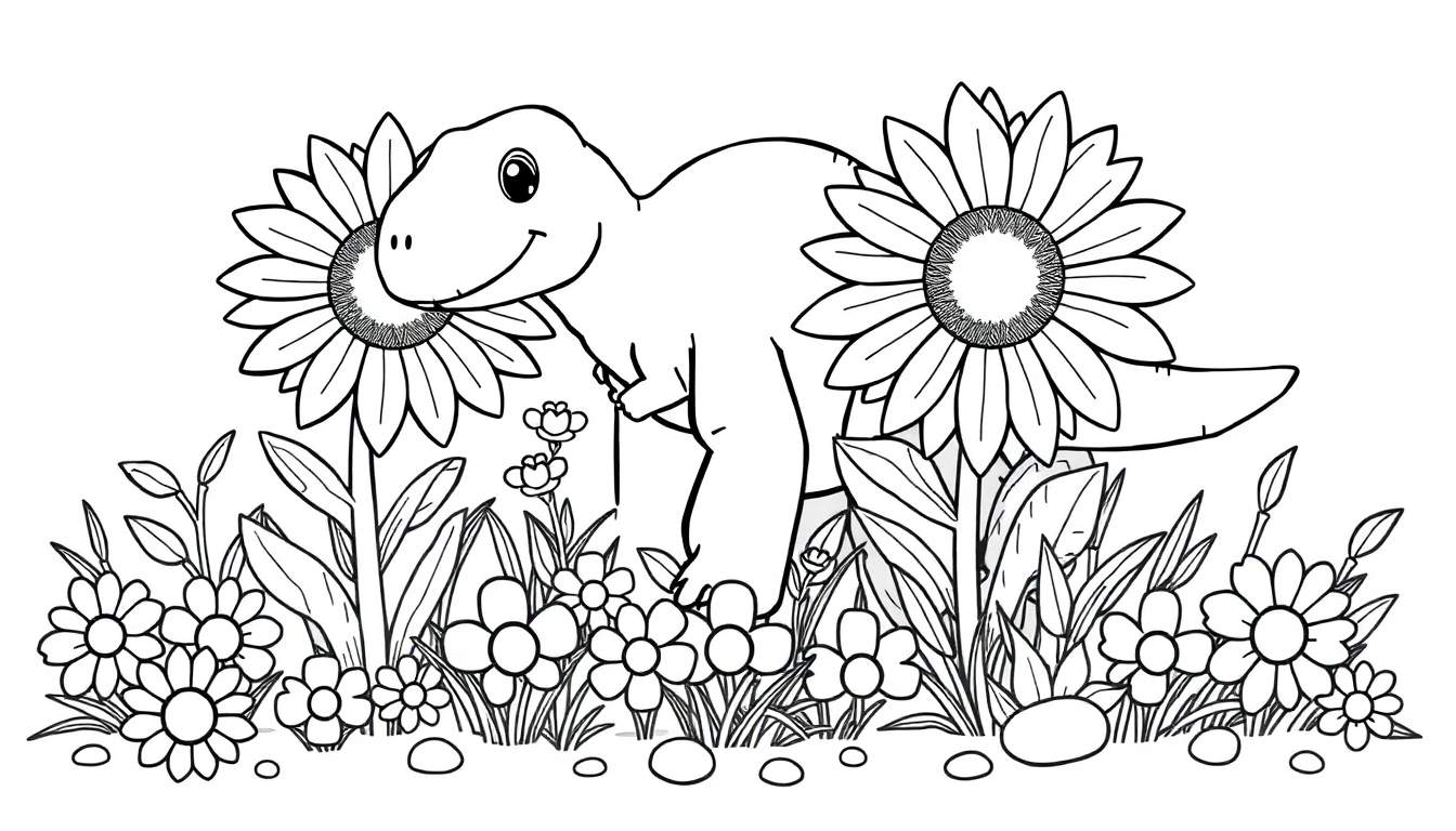 Placa de color de un tiranosaurio rex amigable con girasoles.