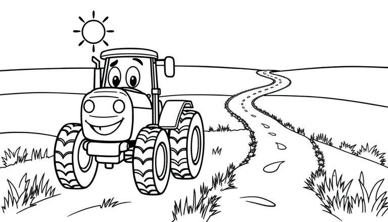 Placa de color de un tractor sonriente en un campo.
