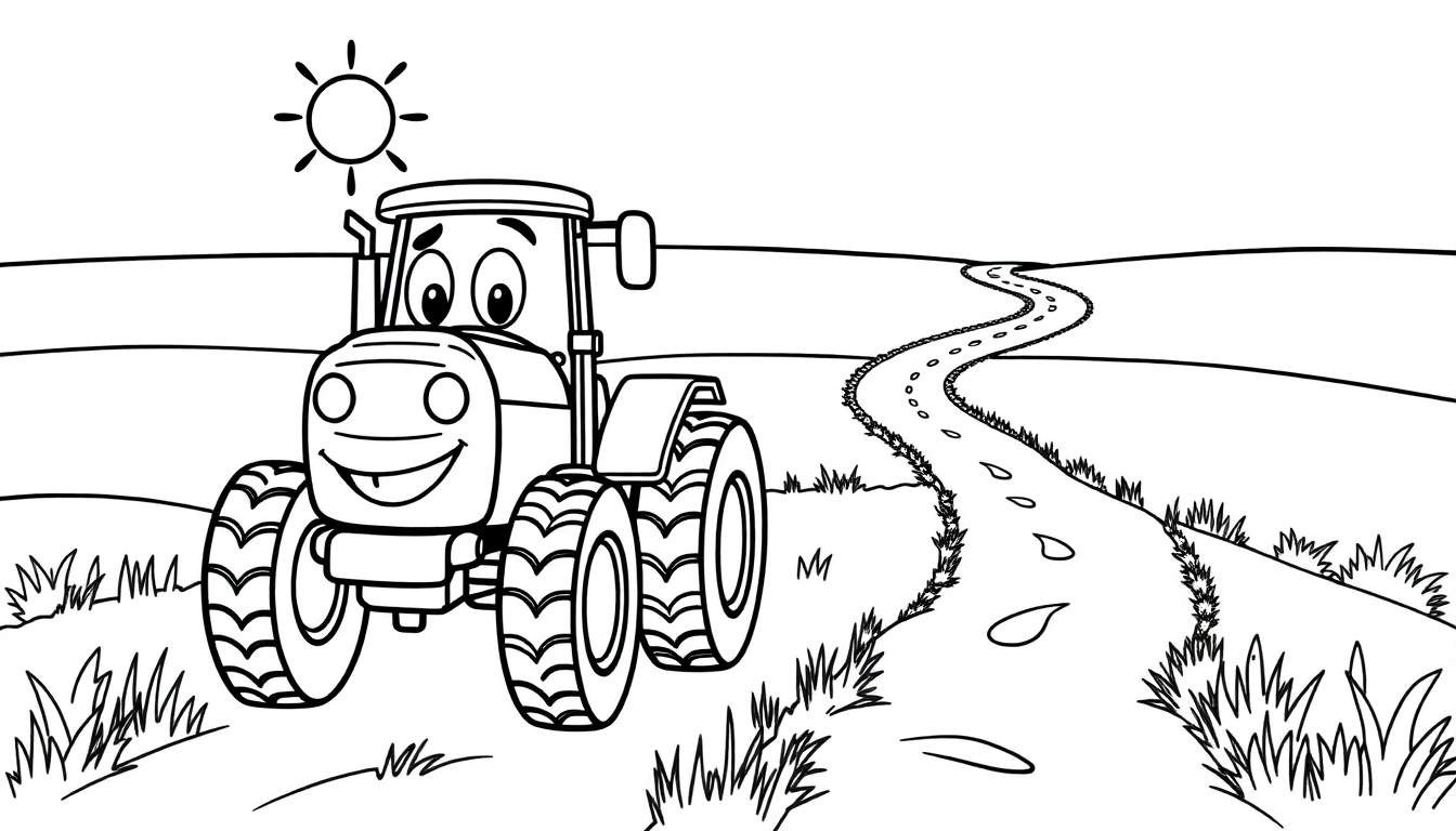 Placa de color de un tractor sonriente en un campo.