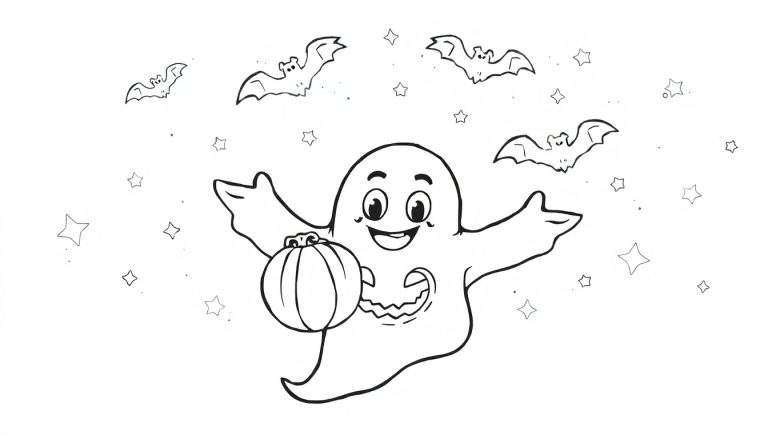 Placa de color de Halloween: fantasma sonriente con calabaza y murciélagos.