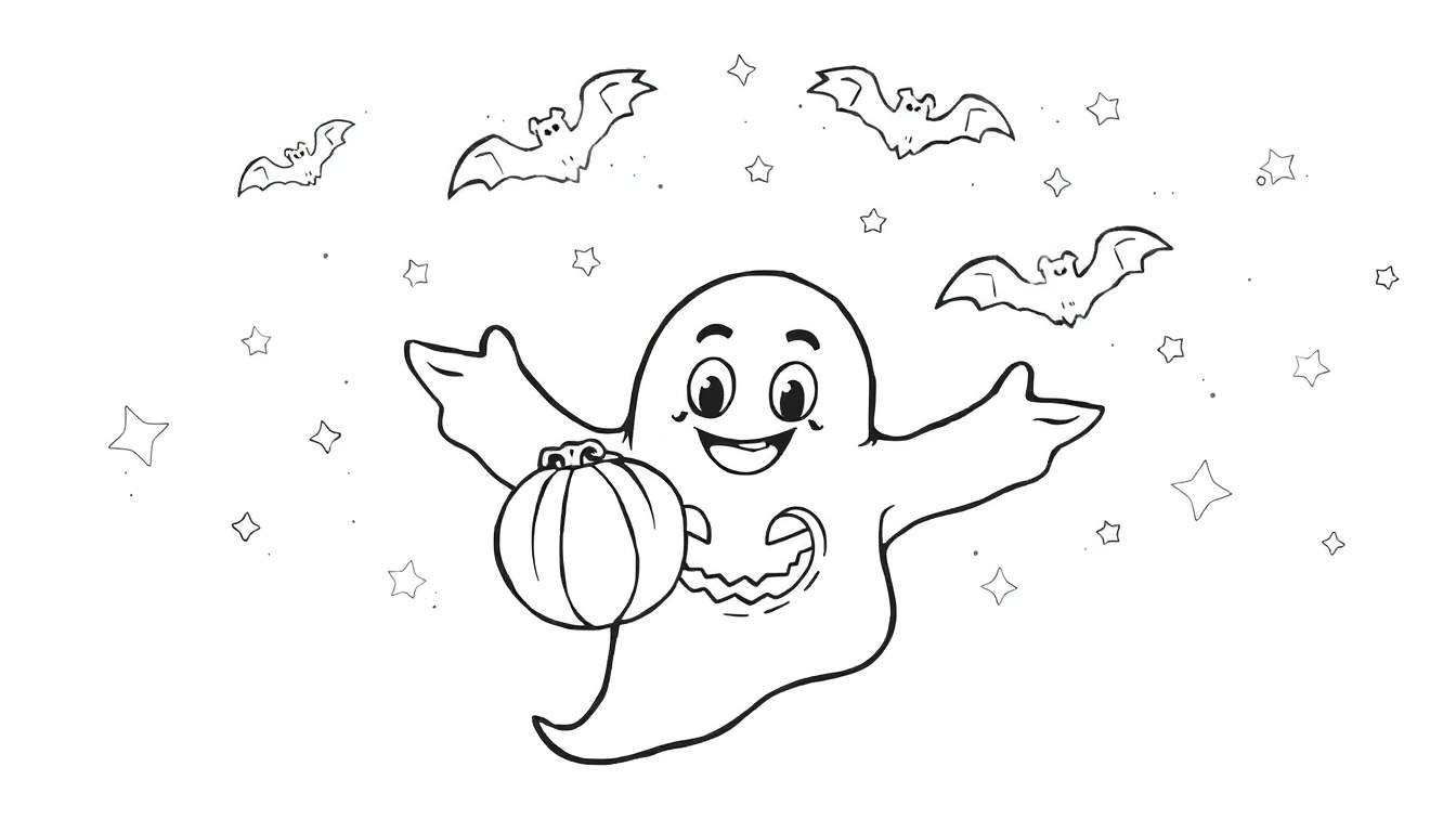 Placa de color de Halloween: fantasma sonriente con calabaza y murciélagos.