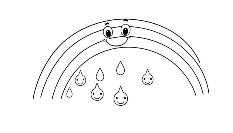 Placa de color: Un arcoíris sonriente con gotas de lluvia alegres.